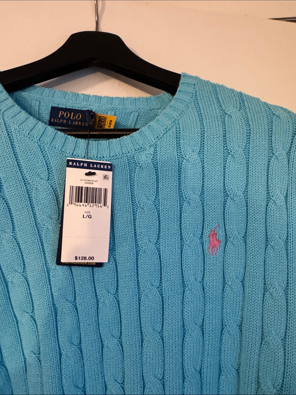 Ralph Lauren Men’s Cable Crewneck Sweater - Aqua with Pink Pony